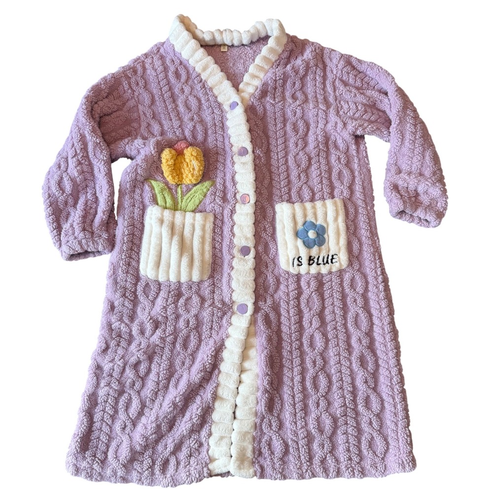 Seans‎ Purple Cable Knit Fleece Robe Flower Applique Button Front Housecoat Sz 2